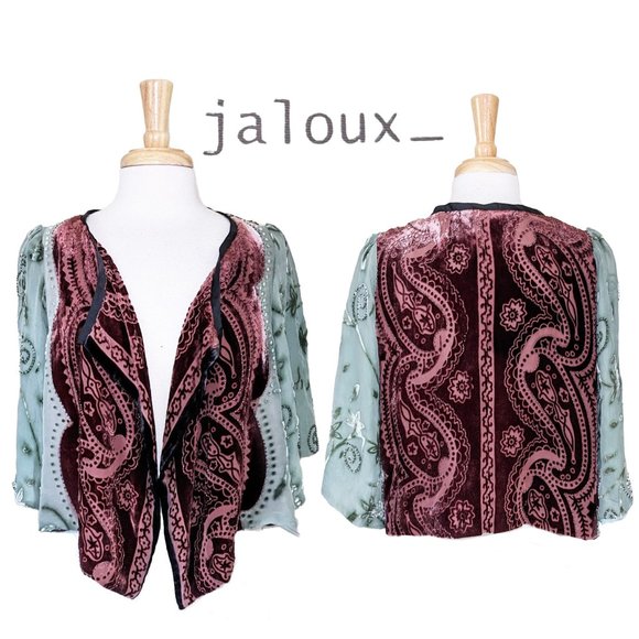 JALOUX Silk-Blend Burned Velvet Boho Open Jacket - Picture 1 of 8